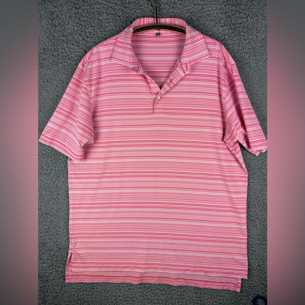 Peter Millar Golf Polo Shirt Mens Lg Pink Striped Summer Comfort‎ E4 Performance